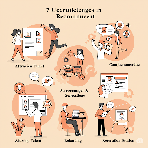 Illustration titled "7 Gecruitelentges in Recrutmeent" with six recruitment scenes, featuring characters in various tasks, set against an orange background.