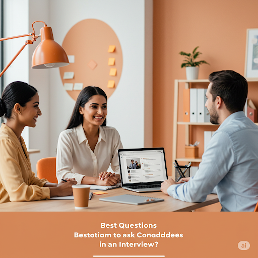 Two women and a man at a table discussing, laptop open. Warm lighting, orange and white decor. Text: "Best Questions to ask in an Interview?"