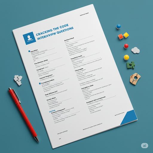 Interview questions sheet on a blue surface with a red pen and colorful toys. Text on the sheet reads "Cracking the Code Interview Questions."