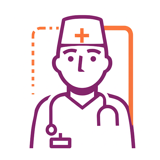 Illustration of a doctor with a stethoscope and hat with a cross. Purple and orange lines on a white background, conveying a medical theme.