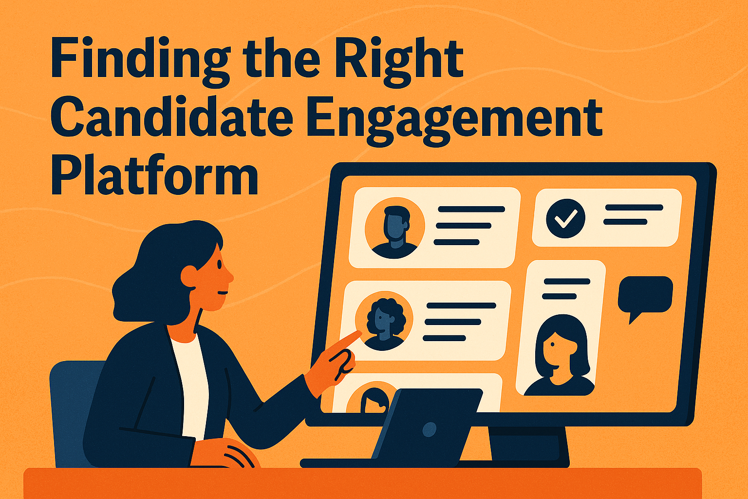 A person points at a computer screen with profiles on selecting a candidate engagement platform. Background text reads "Finding the Right Candidate Engagement Platform." The setting is orange and blue, creating a professional mood.