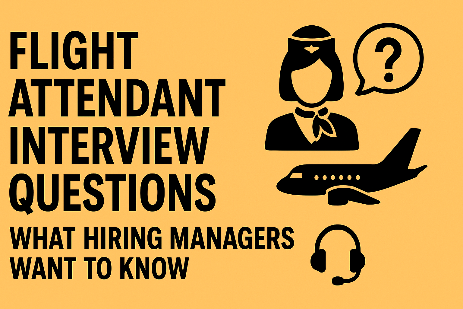 Flight attendant interview tips text on yellow. Icons of a flight attendant, plane, headset, and question mark.