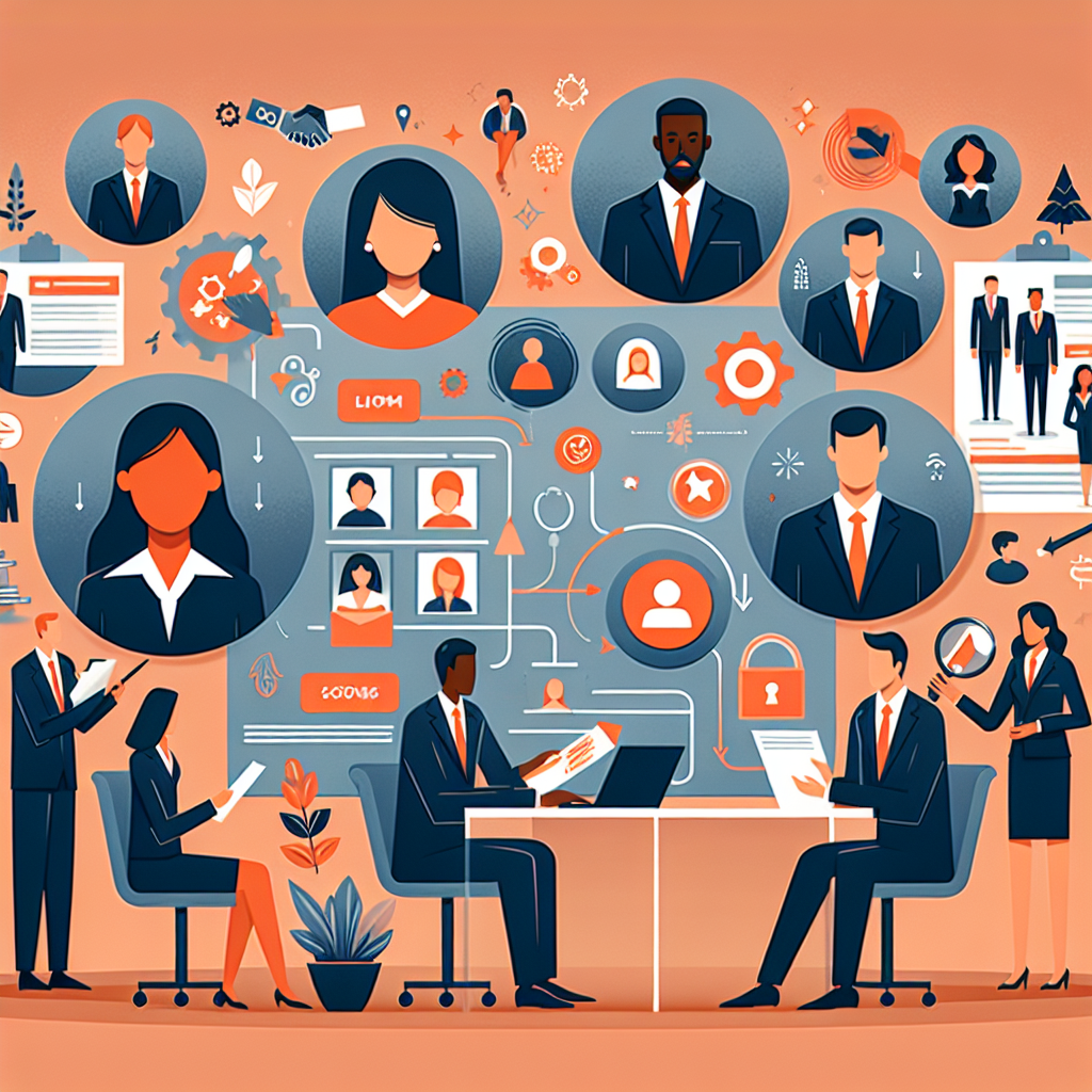 Business team at a desk with laptops, surrounded by diagrams and portraits. Orange and blue color scheme, depicting collaboration.