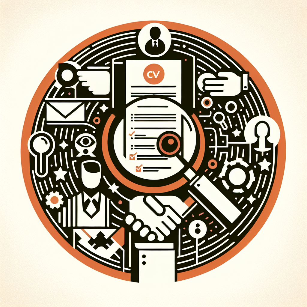 Illustration of a CV with a magnifying glass, handshake, and icons of keys and gears. Orange and black color scheme, denoting job search.