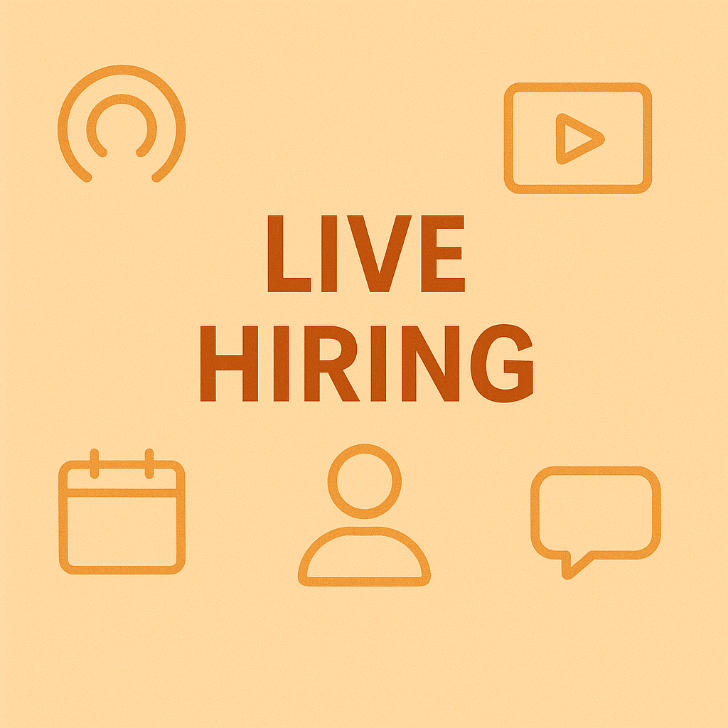 Live Hiring text surrounded by icons for video, calendar, person, and chat on a beige background, conveying a job recruitment theme.