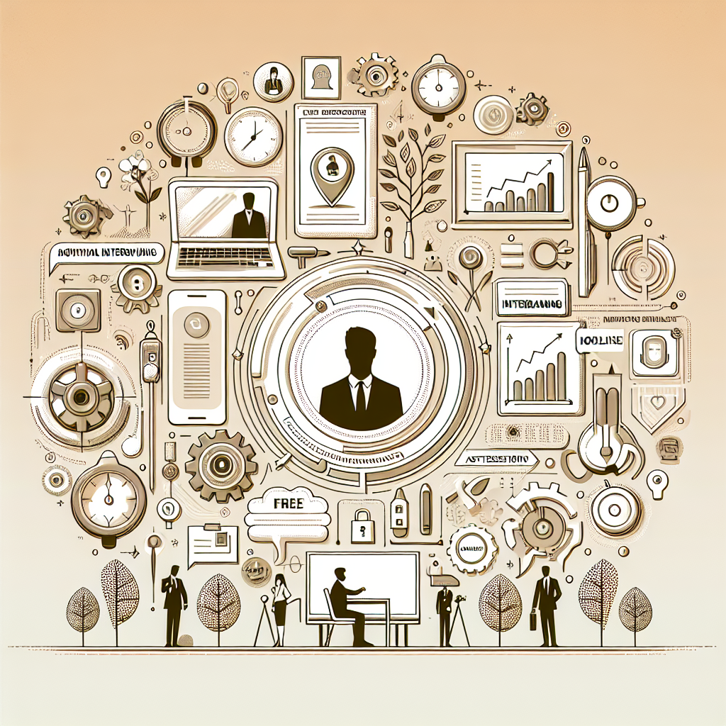 Illustration of job search concepts with business icons, gears, charts, and a silhouetted figure in a suit. Sepia tones create a professional feel.