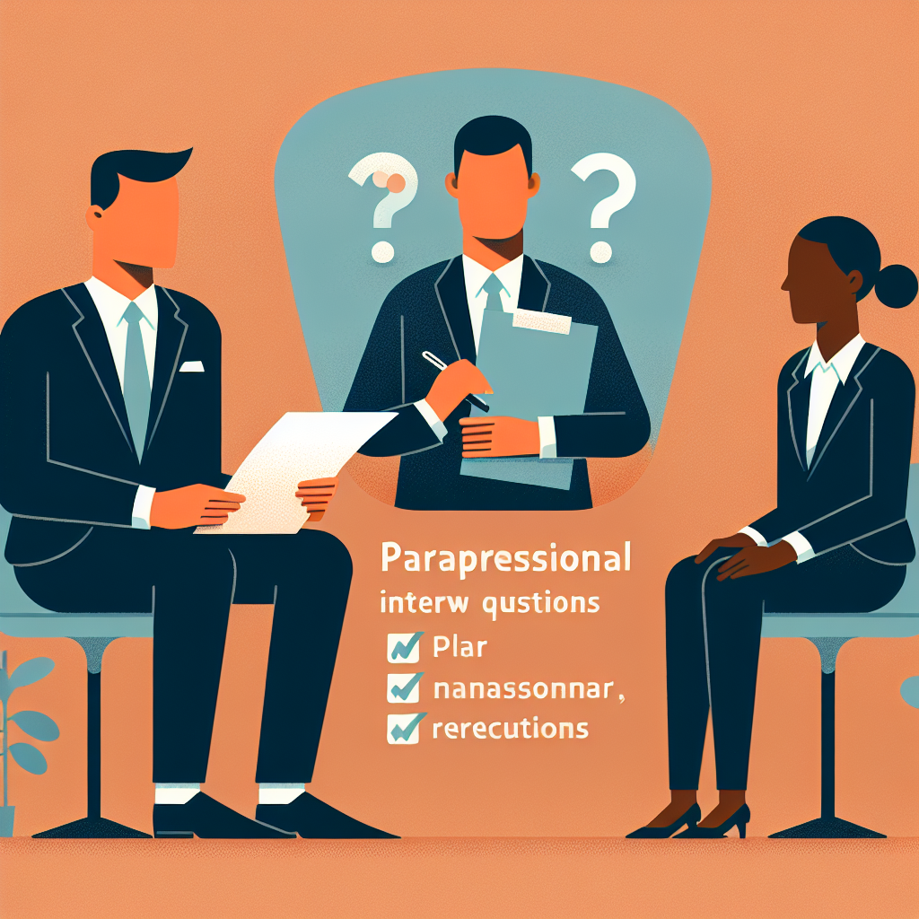 Three people in suits sit in an interview setting. Two men hold documents, one woman listens. Background has question marks and text about questions.