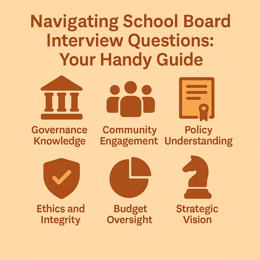 Guide titled Navigating School Board Interview Questions with icons and text: Governance, Engagement, Policy, Ethics, Budget, Vision. Brown on peach.