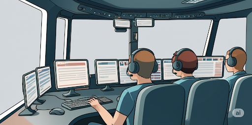 Three people wearing headsets work at computer monitors in a control room. The mood is focused, with a futuristic, tech-driven setting.