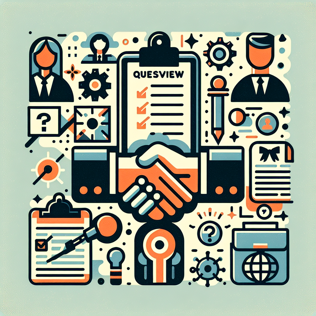 Handshake with business icons: gears, checklists, microphone, and documents. Text "Quesview." Abstract style with orange, blue, and black.