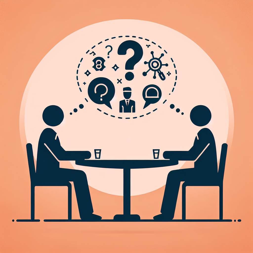 Two silhouettes sit at a table with drinks, sharing thought bubbles with symbols and a question mark, on an orange background.