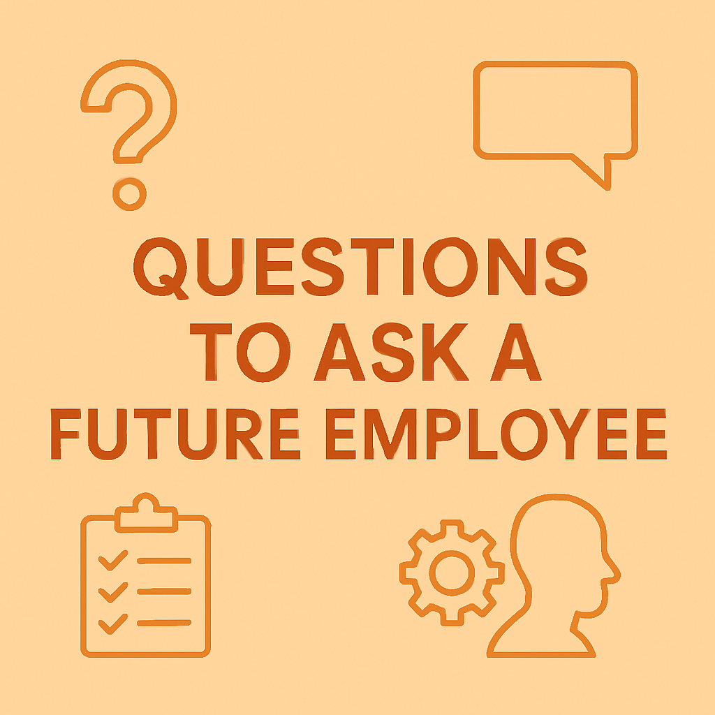 Icons and text on beige background: "Questions to Ask a Future Employee" with question mark, speech bubble, checklist, gear, and profile icons.