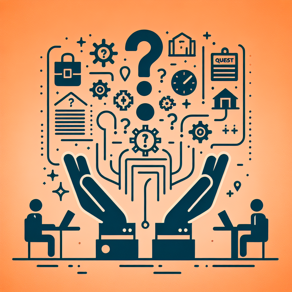 Hands balancing symbols: gear, clock, and question marks. Two people at laptops. Orange background, words include "QUEST." Illustrates problem-solving.