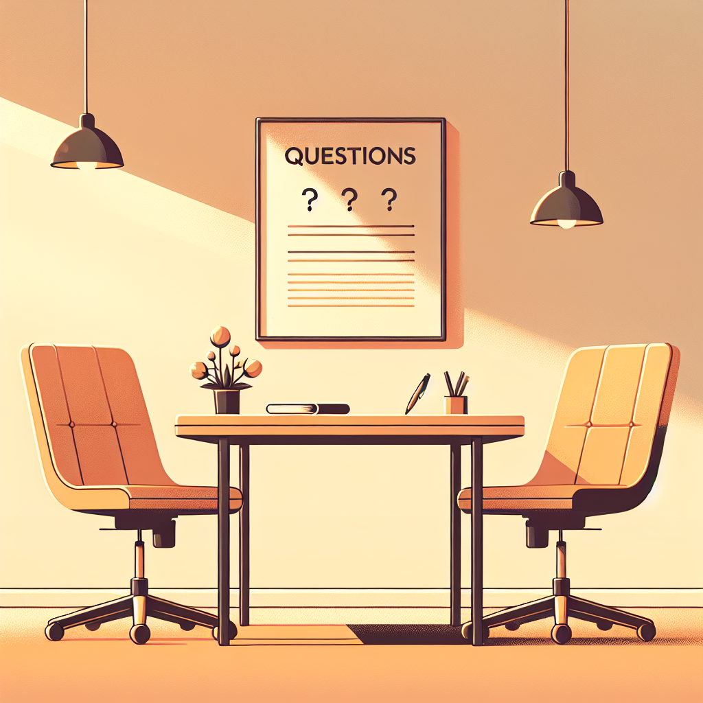 Office setup with two chairs facing a table, plants, and stationery. Poster on the wall reads "Questions". Warm lighting and minimalist design.