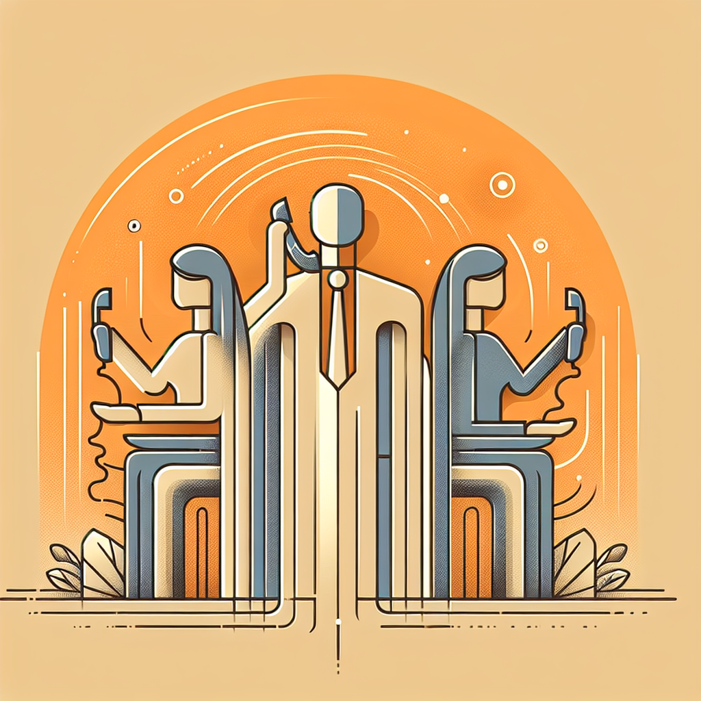 Stylized illustration of three figures in business attire and seated, using phones. Orange circle background with abstract patterns.