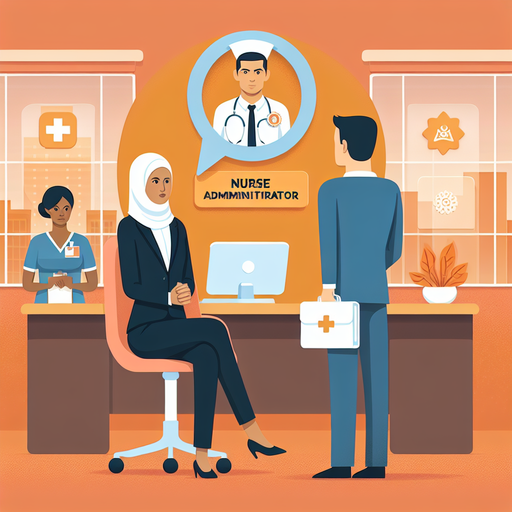Office scene with a woman in a suit sitting, a man in a suit holding a medical briefcase, and a nurse. "Nurse Administrator" text visible.