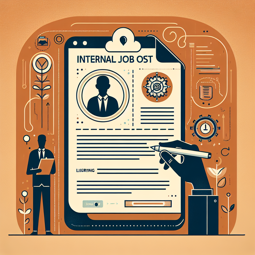 Illustrated job posting with a silhouette, gear icon, and a hand writing on a clipboard. Orange and black theme with floral and tech motifs.