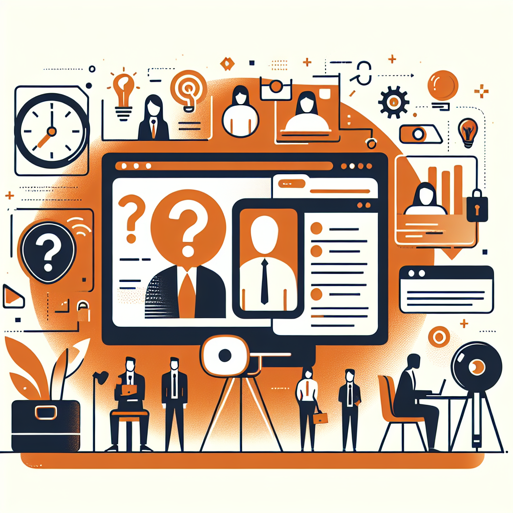Abstract illustration of digital collaboration features screens, icons, and people in suits. Orange and black color scheme with question marks.