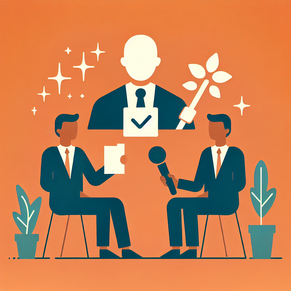 Two people in suits sitting with papers and a microphone, plant decorations, and an abstract figure with a checkmark and leaf on orange.