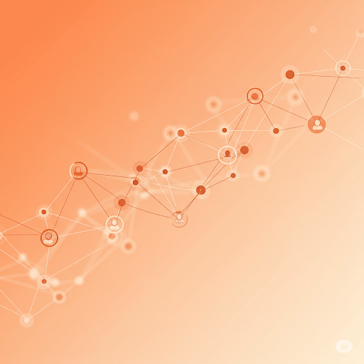 Abstract orange network graphic with interconnected nodes and lines on a gradient background. Contains circular patterns and faint icons.
