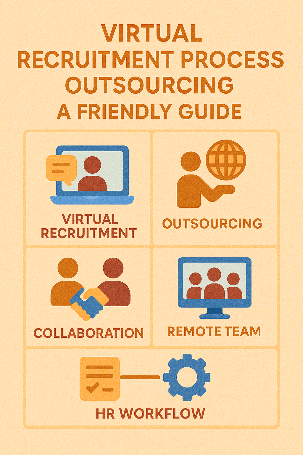 Guide on virtual recruitment and outsourcing. Icons depict collaboration, remote teams, HR workflow. Warm colors and structured layout.