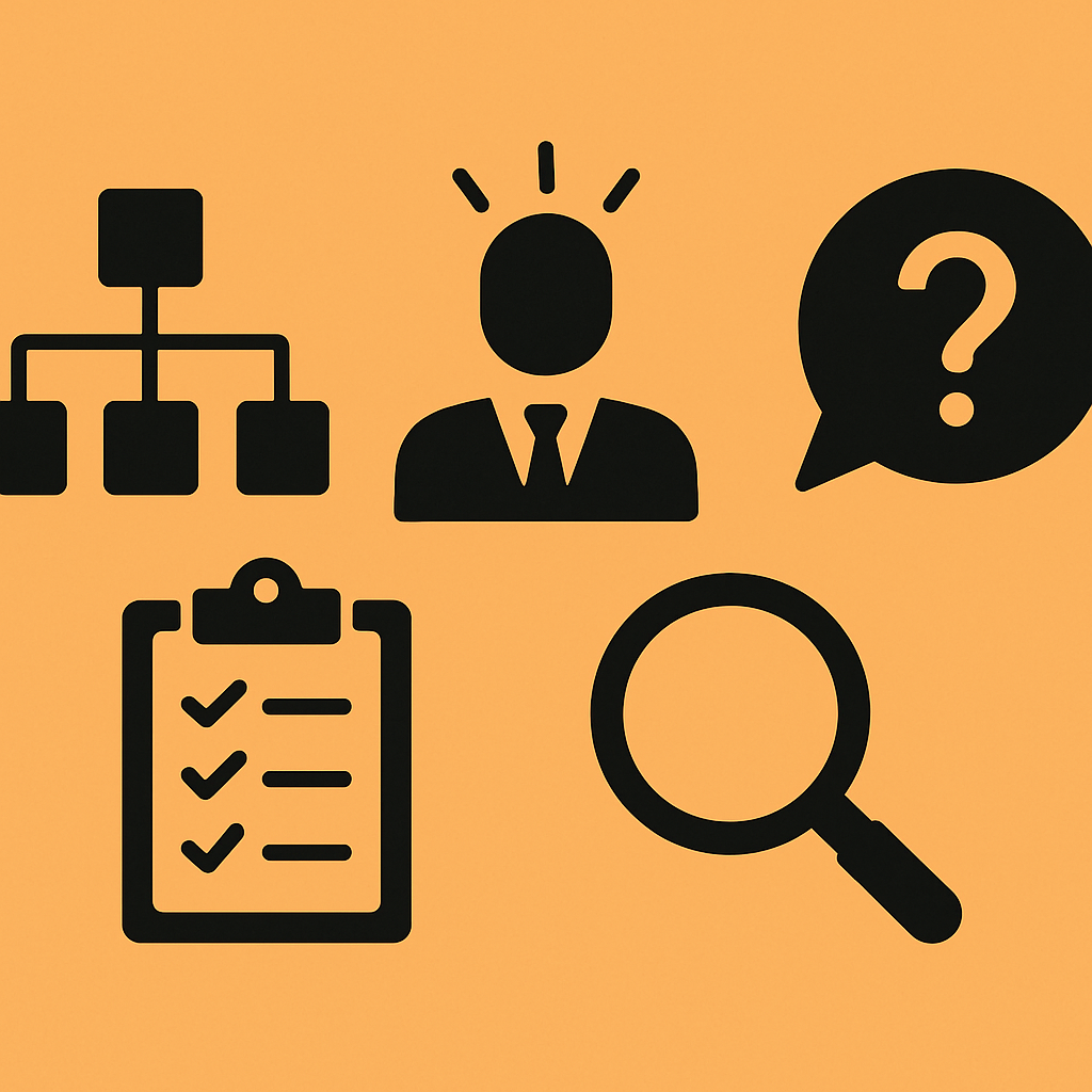 Icons on an orange background: flowchart, person, question mark, checklist, magnifying glass. Symbolize organization, inquiry, and analysis.